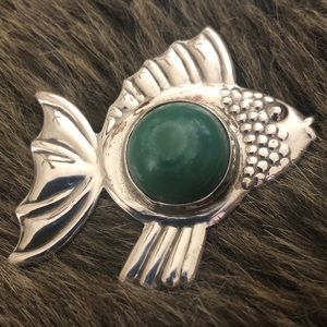Vintage Mexican Sterling Silver green agate brooch